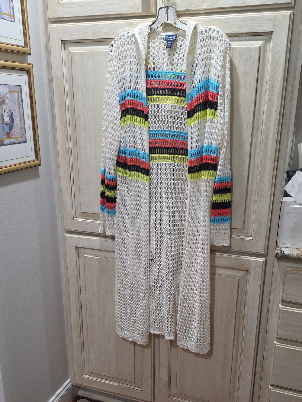 Scoop Cream Open-Knit Hooded Cardigan Beach with Multicolor Stripes NWOT